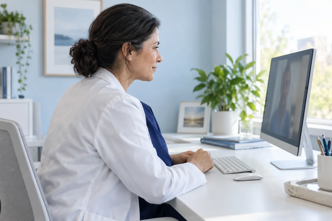 A clinician connecting with an imaging team from a bright clinical workspace