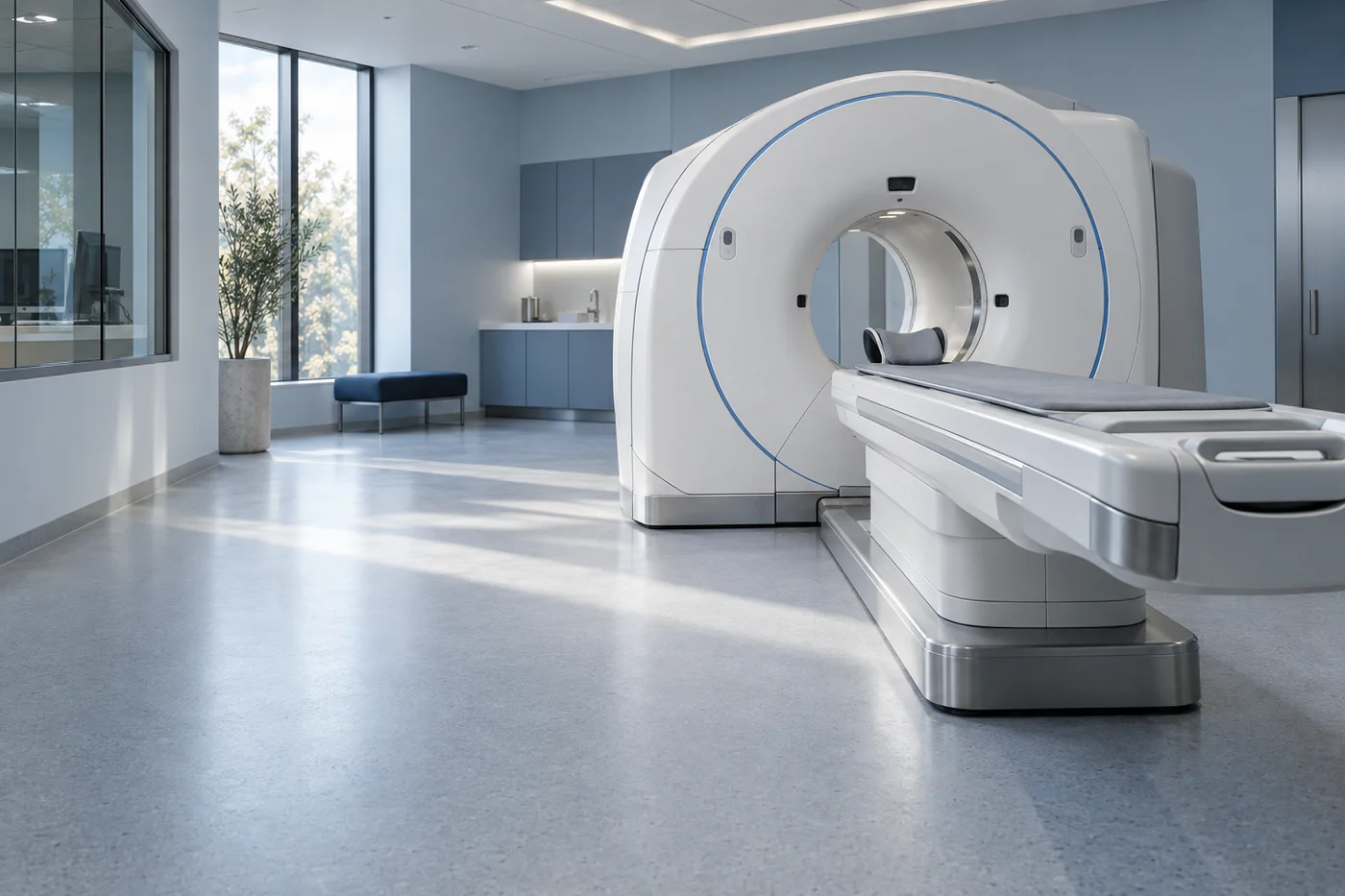 A modern CT imaging suite with a scanner and patient table